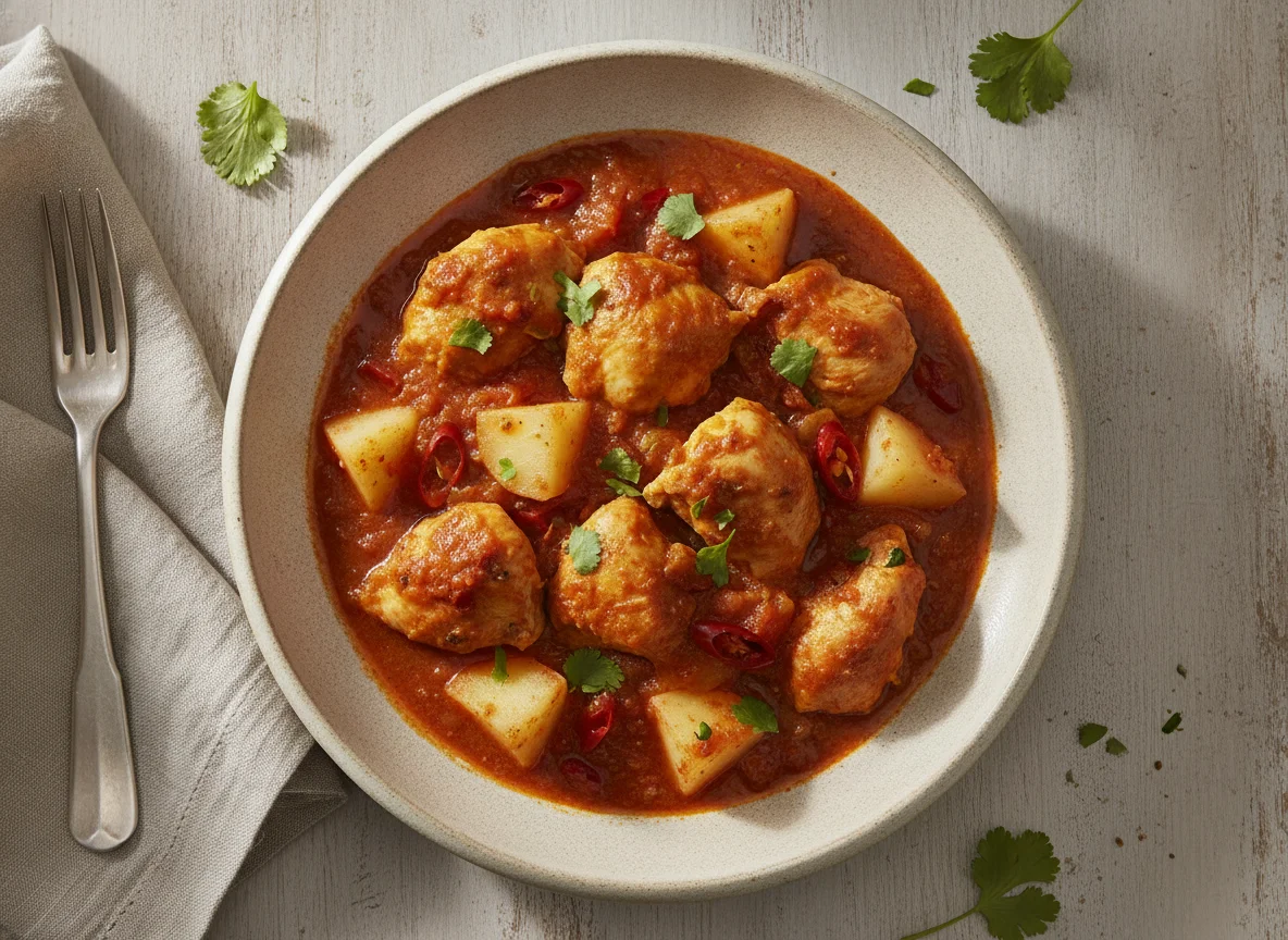 Pollo con papas en salsa roja photo