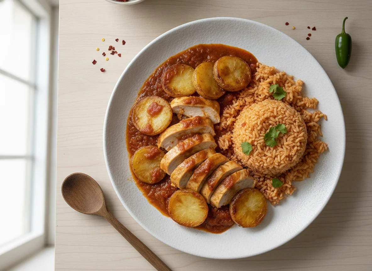 Pollo con papas en salsa roja y arroz photo