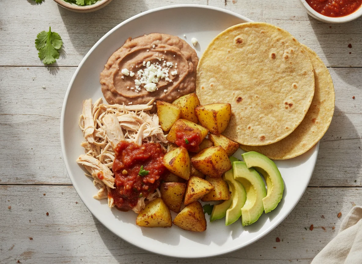 Pollo con papas, frijoles y tortilla photo