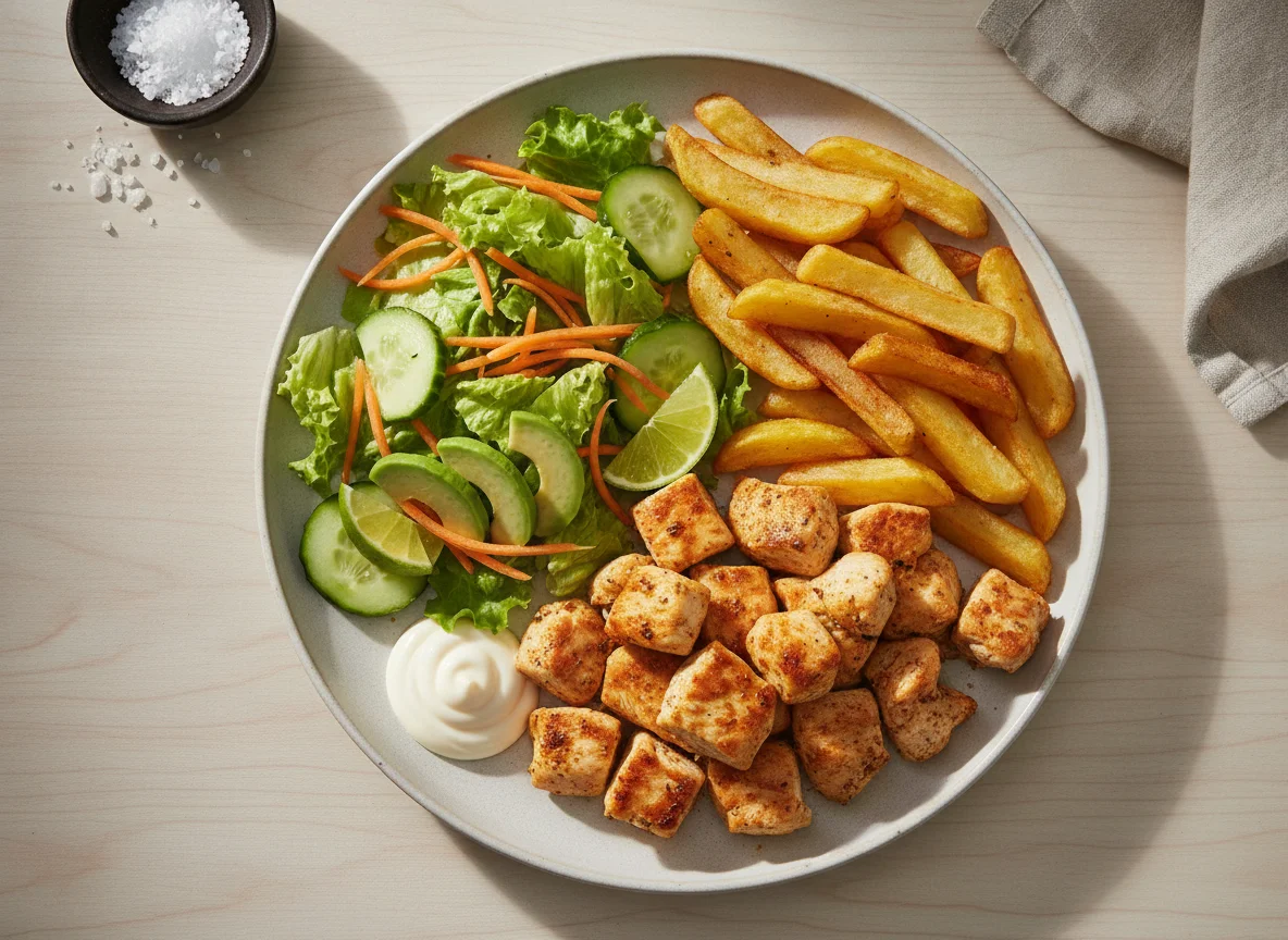 Pollo con papas fritas, ensalada verde y palta con pepino photo