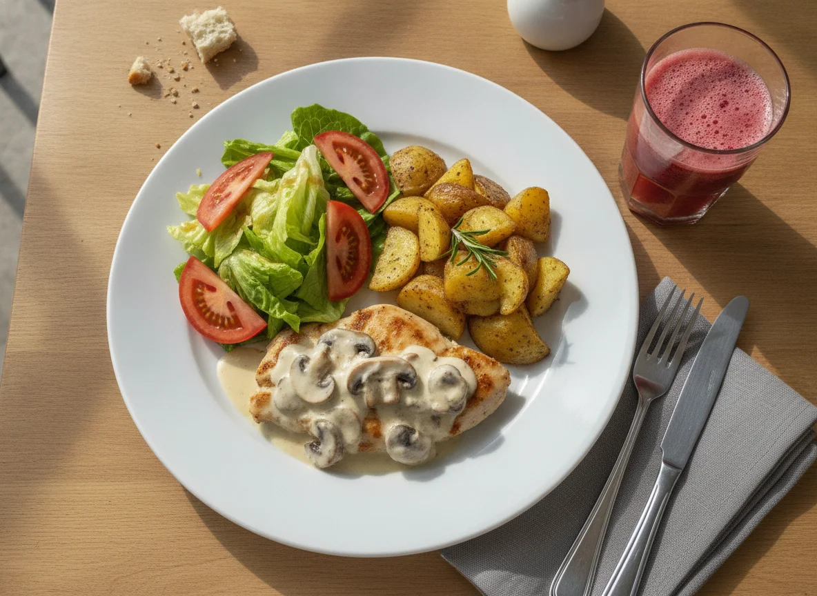 Pollo con papas rústicas, ensalada y jugo photo