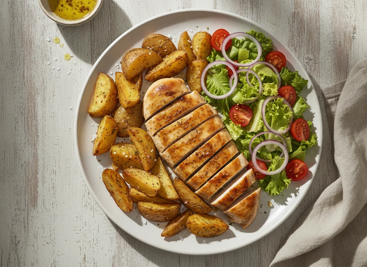 Pollo con papas rústicas y ensalada mixta photo
