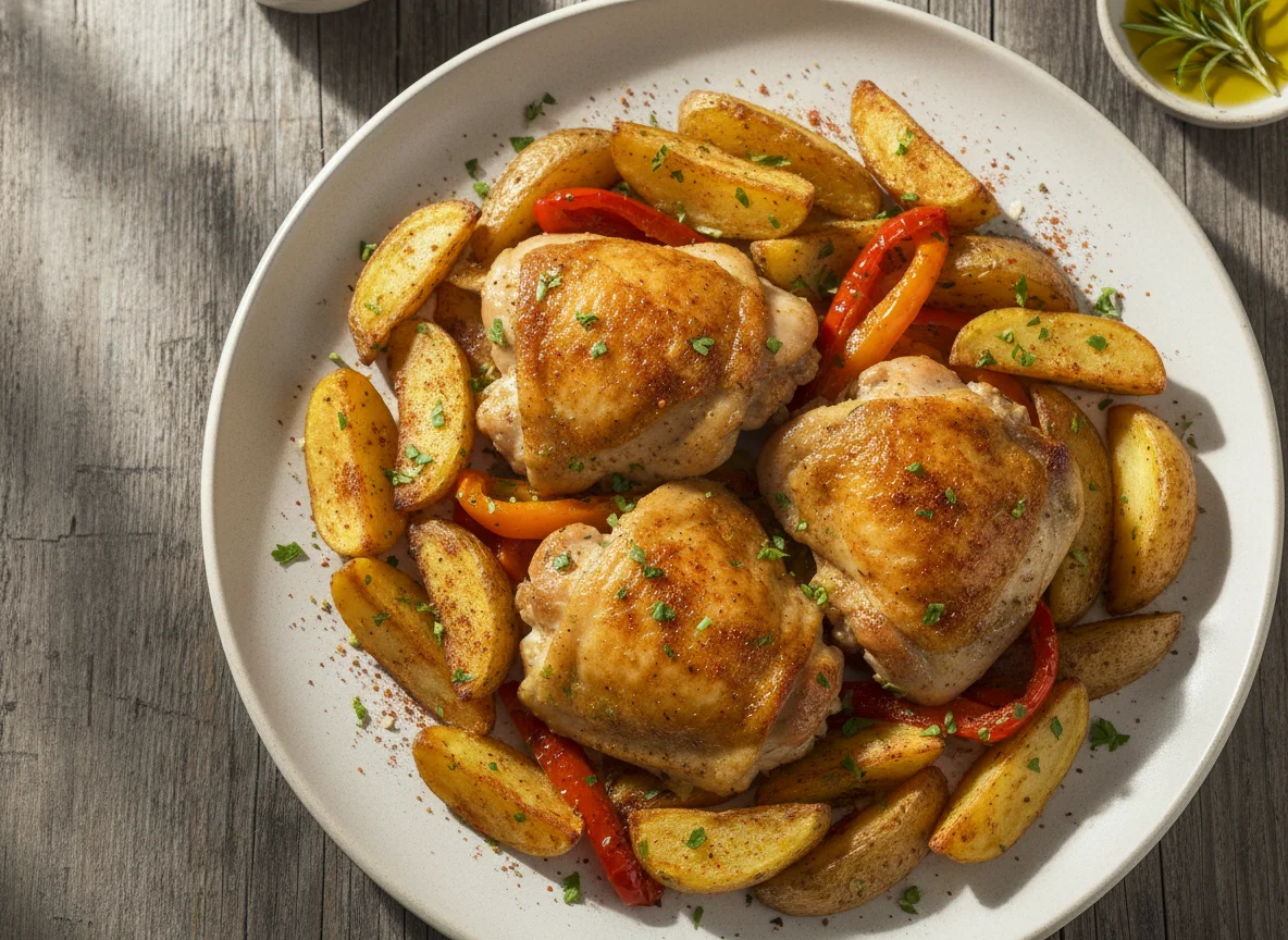 Pollo con papas rústicas y pimentón photo