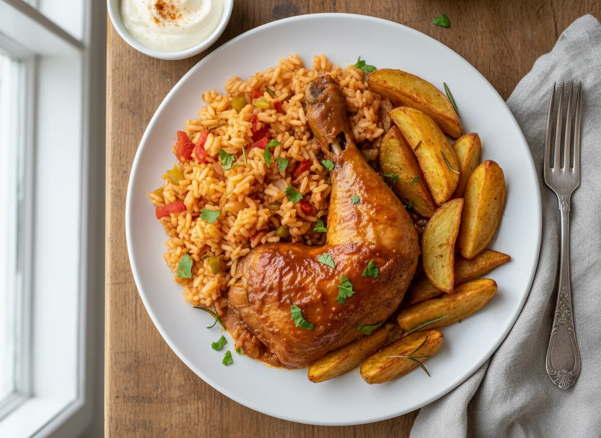 Pollo con papas y arroz photo