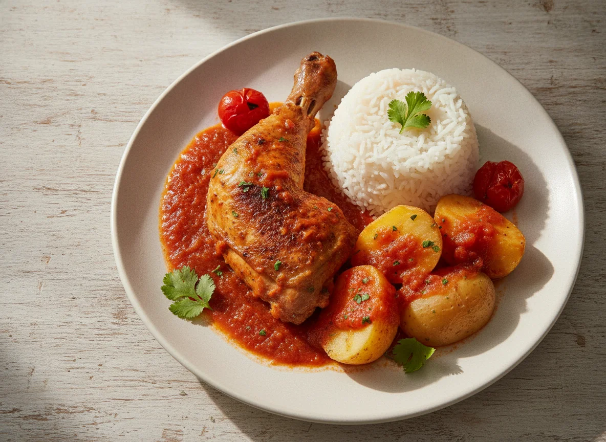 Pollo con papas y arroz blanco photo