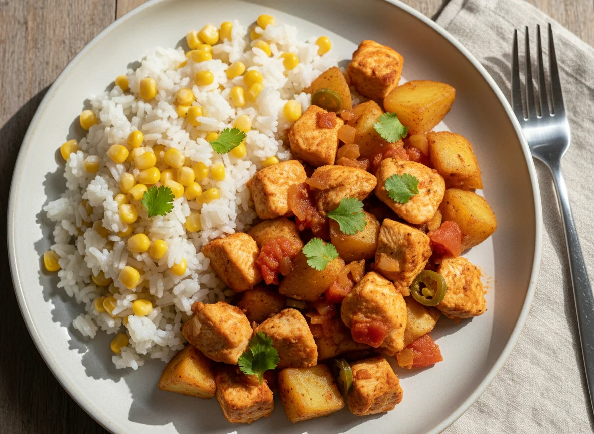 Pollo con papas y arroz con elote photo