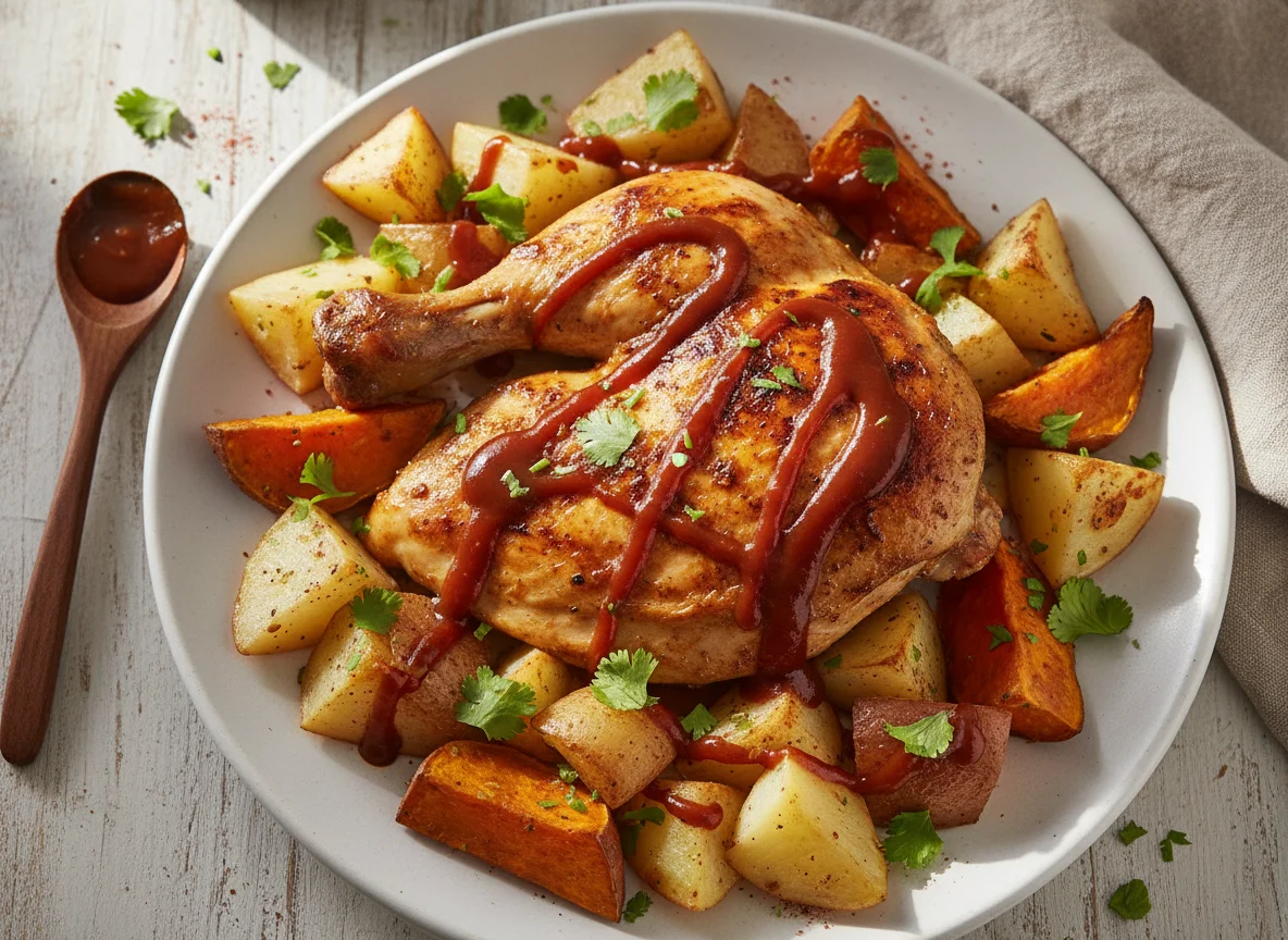 Pollo con papas y batatas asadas photo