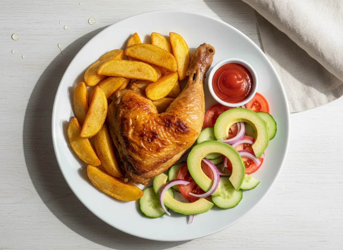 Pollo con papas y ensalada photo