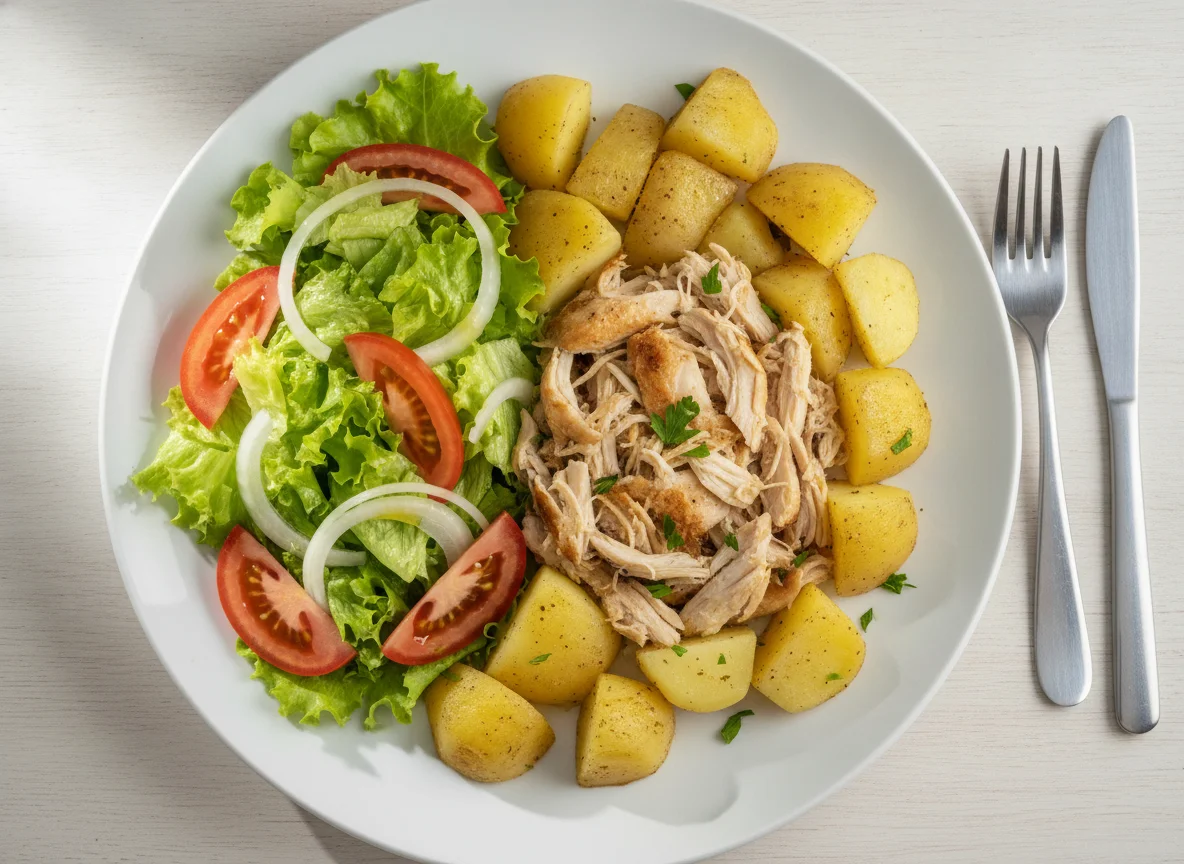 Pollo con papas y ensalada mixta photo