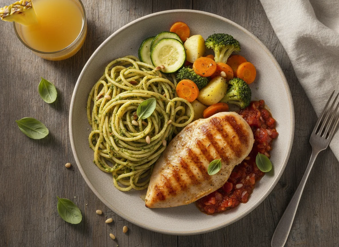 Pollo con pasta al pesto y verduras al vapor photo