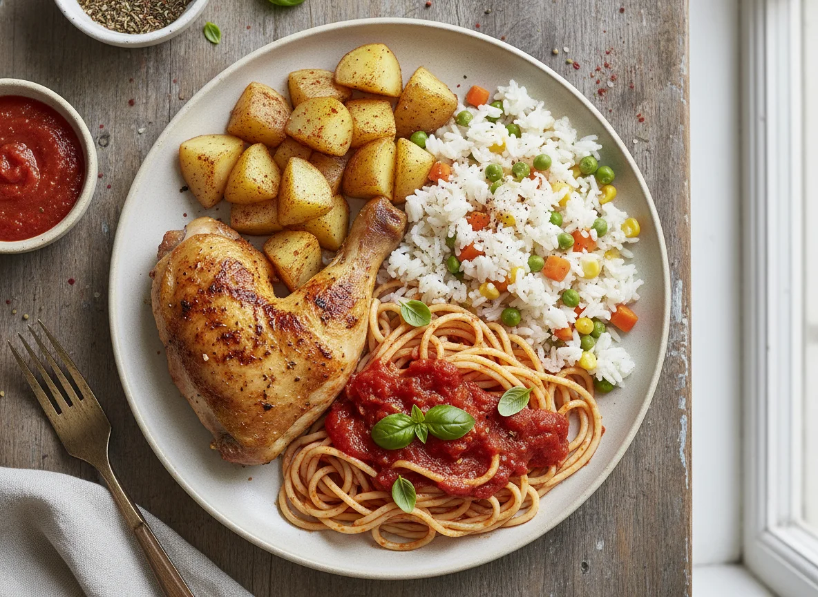 Pollo con pasta, arroz y patatas photo