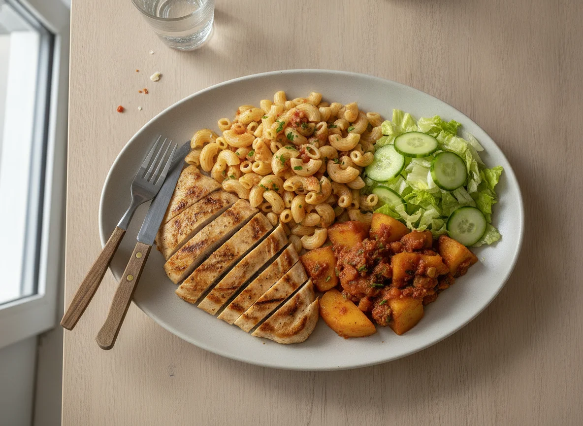 Pollo con pasta, ensalada y papas photo