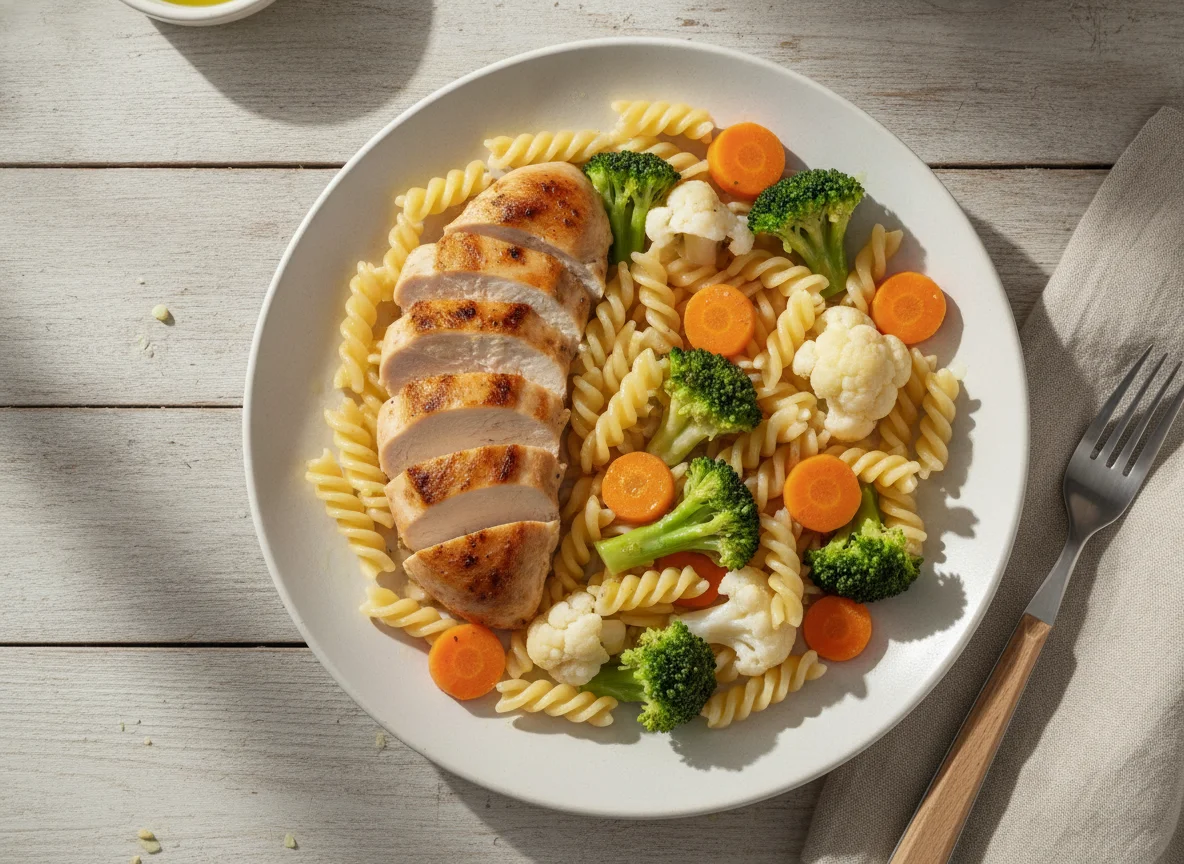 Pollo con pasta fusilli y verduras al vapor photo
