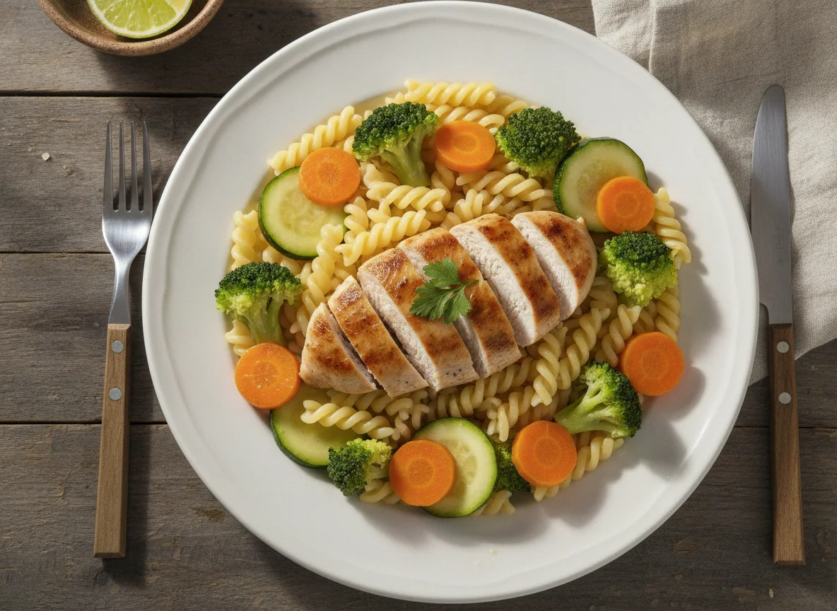 Pollo con pasta y verduras al vapor photo