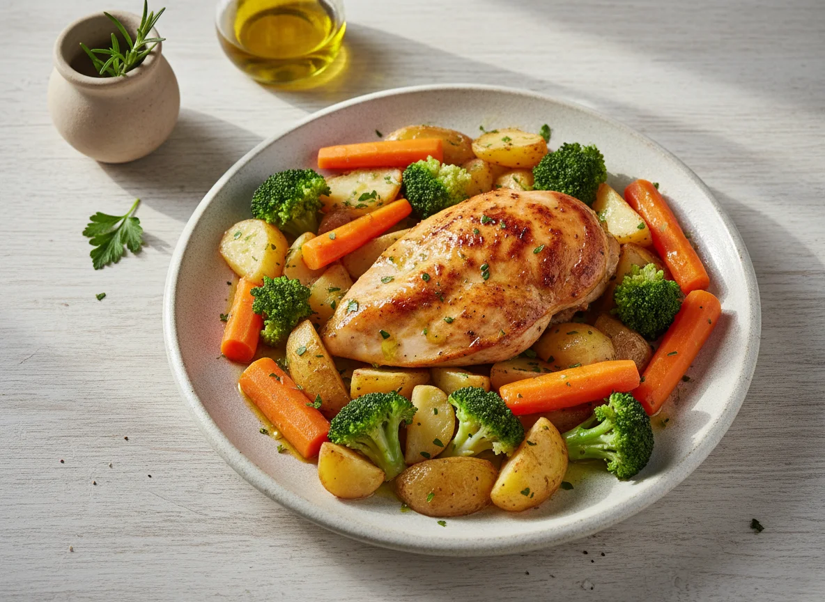 Pollo con patatas, brócoli y zanahorias photo