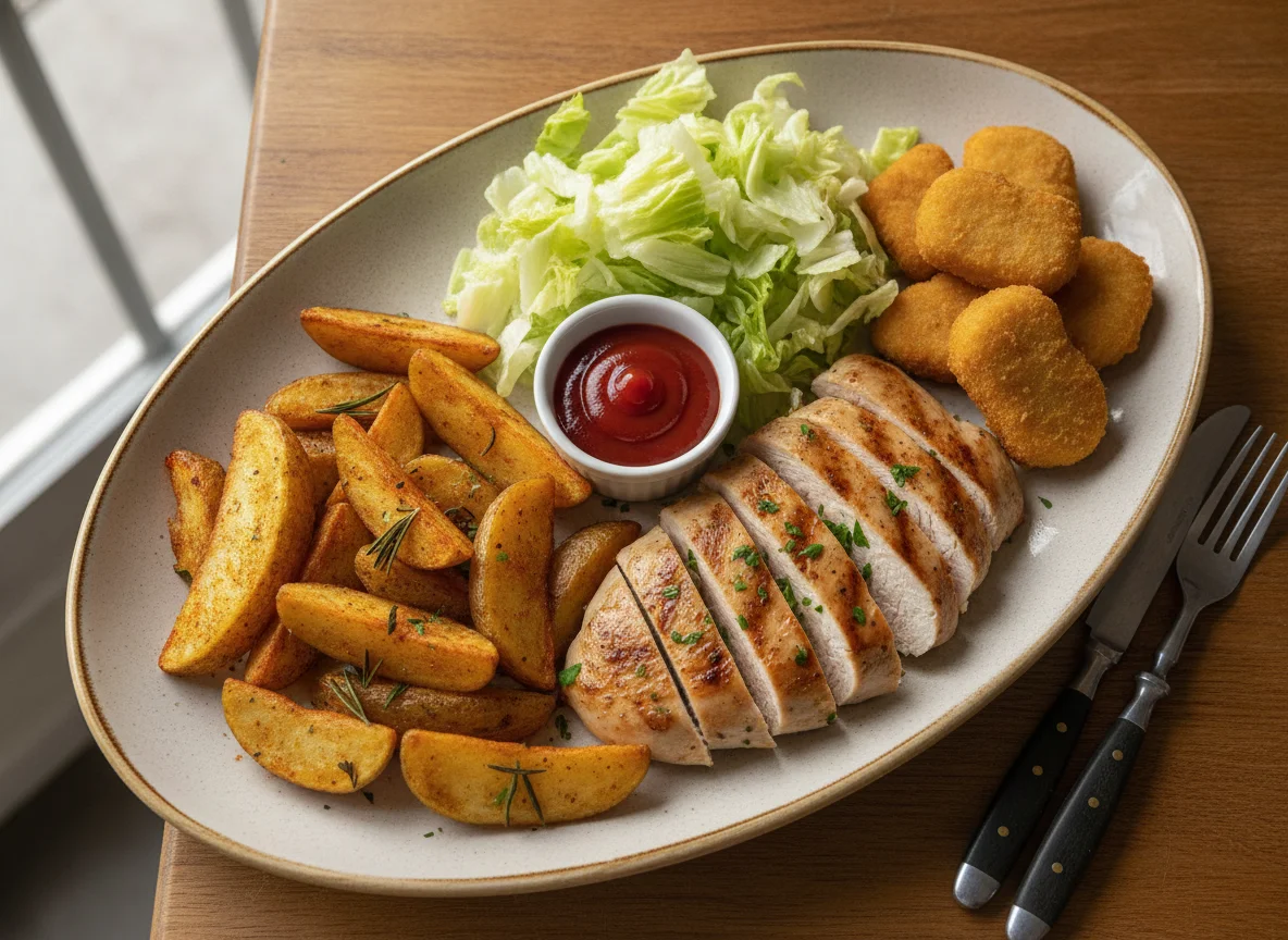 Pollo con patatas gajo, nuggets y ensalada photo