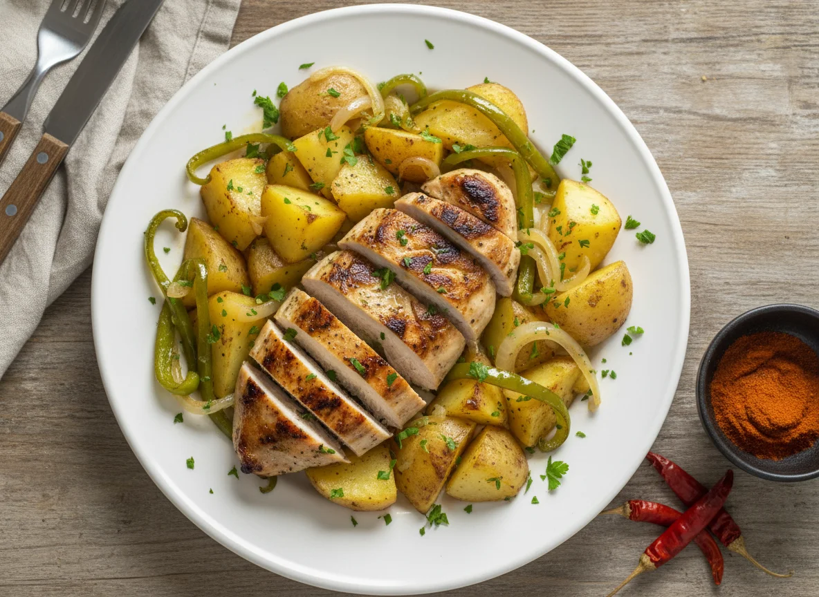 Pollo con patatas y pimientos photo