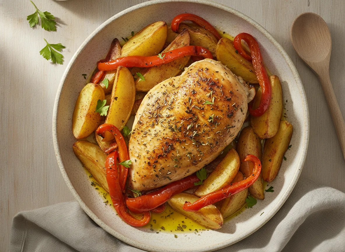 Pollo con patatas y pimientos al horno photo