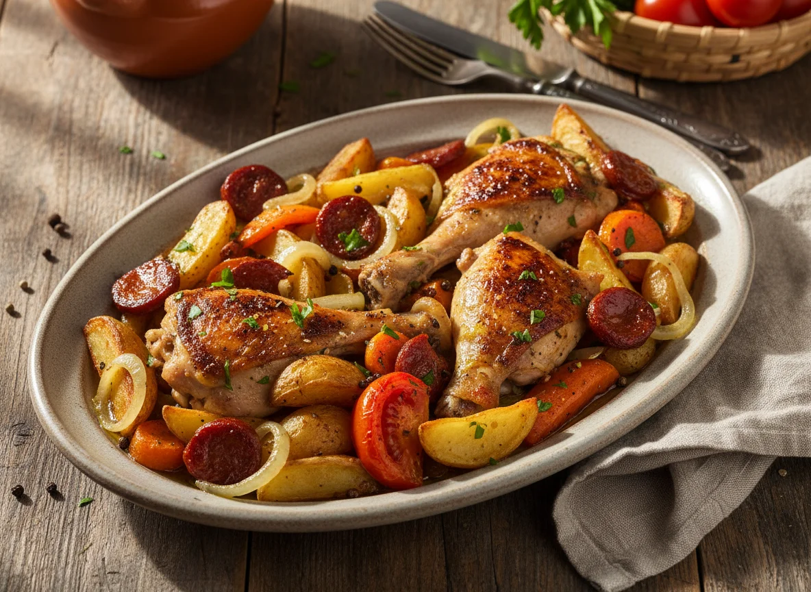 Pollo con patatas y verduras photo