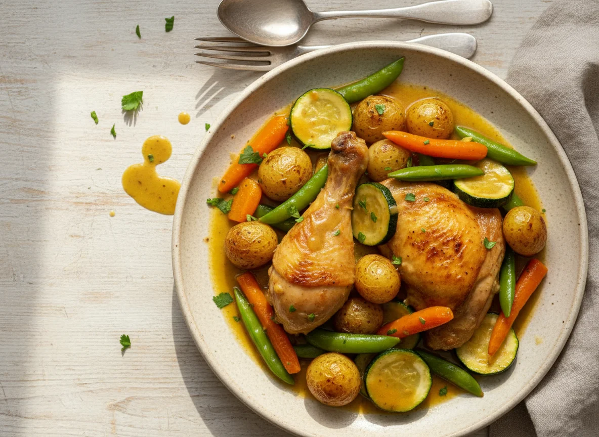 Pollo con patatas y verduras en salsa photo