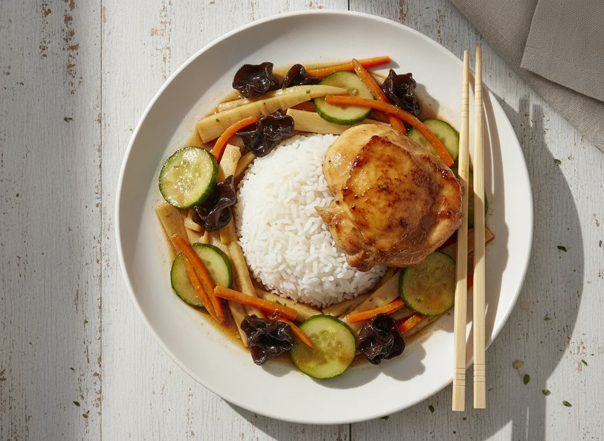 Pollo con pepino, setas oreja de madera y arroz photo