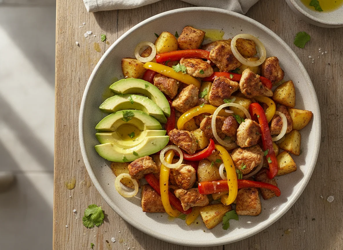 Pollo con pimientos, aguacate y papa photo