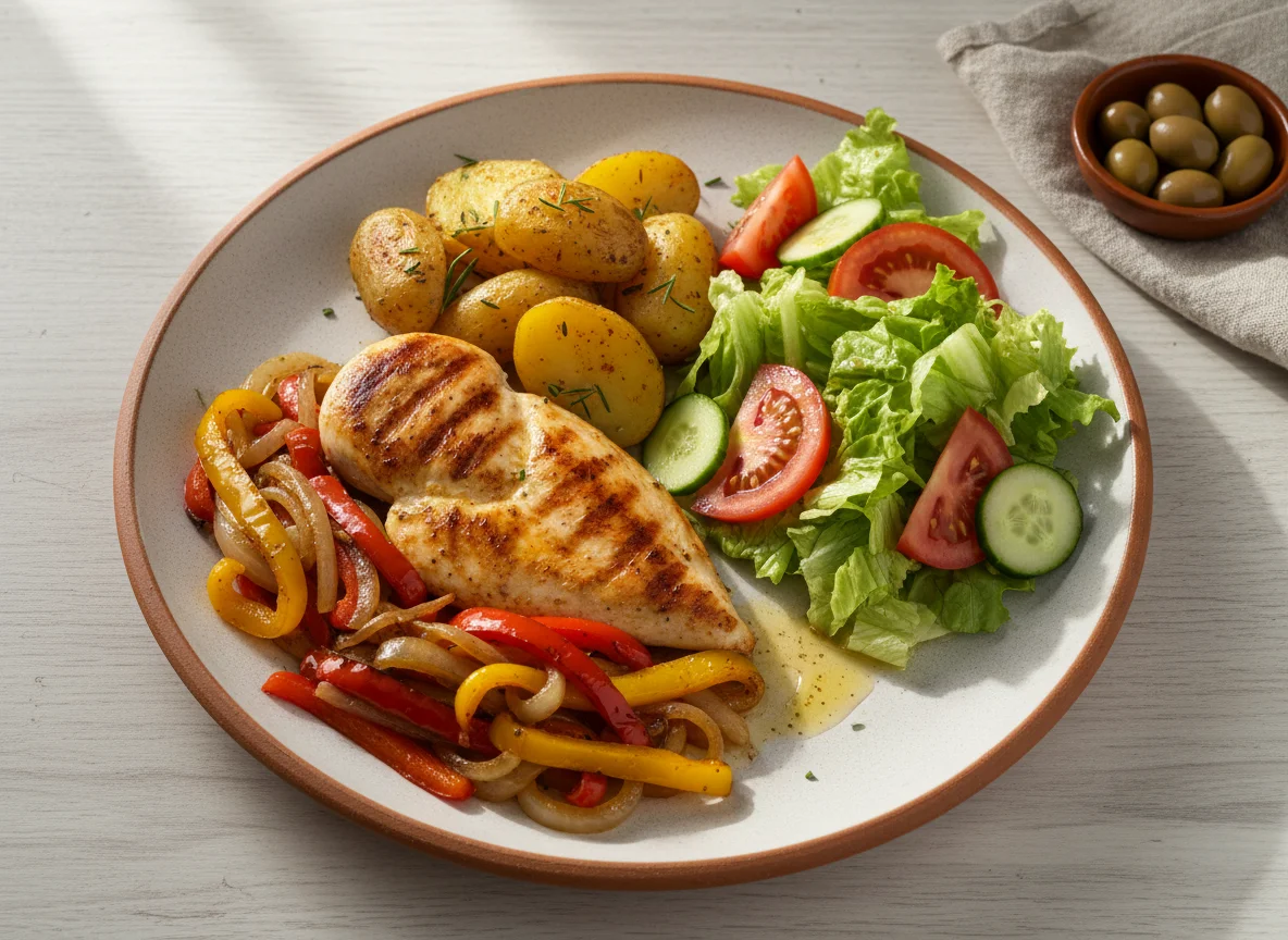 Pollo con pimientos, papas y ensalada photo