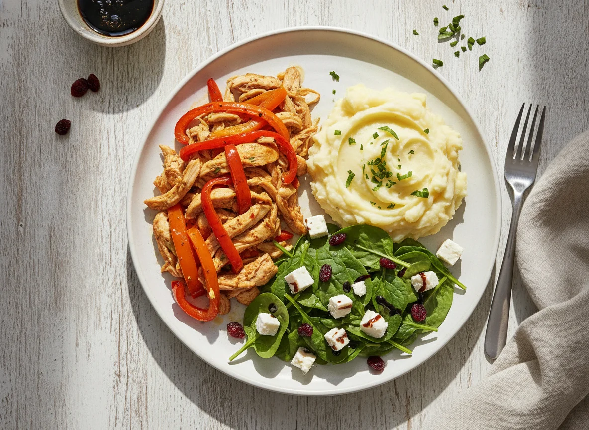 Pollo con pimientos, puré de papa y ensalada de espinacas photo