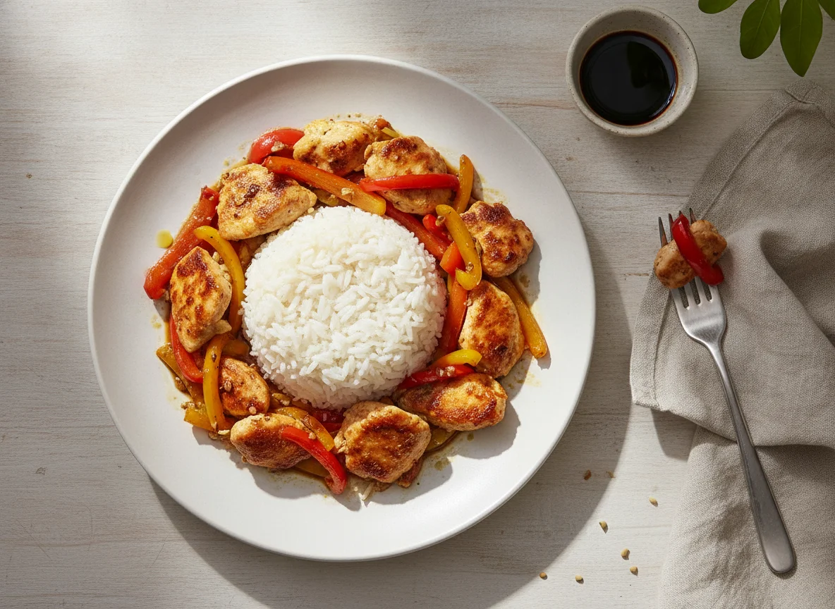 Pollo con pimientos y arroz blanco photo