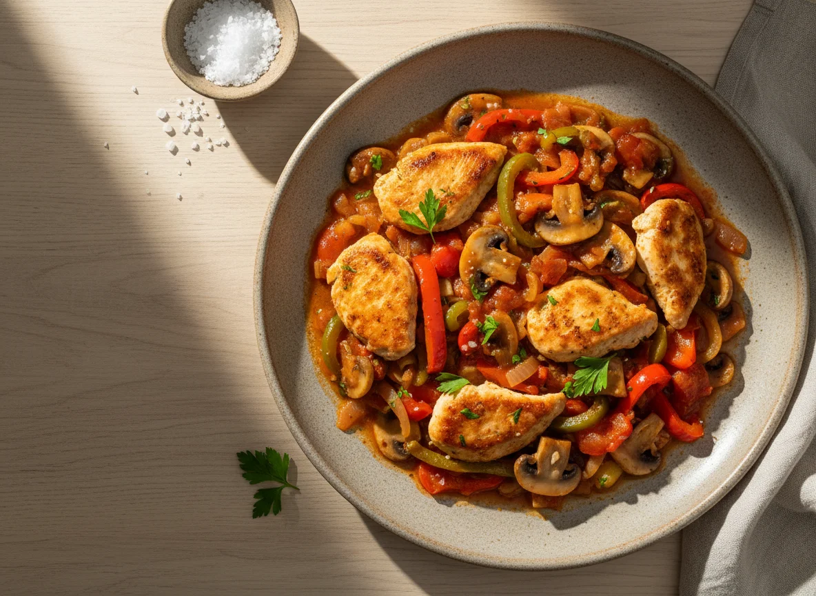 Pollo con pimientos y champiñones photo