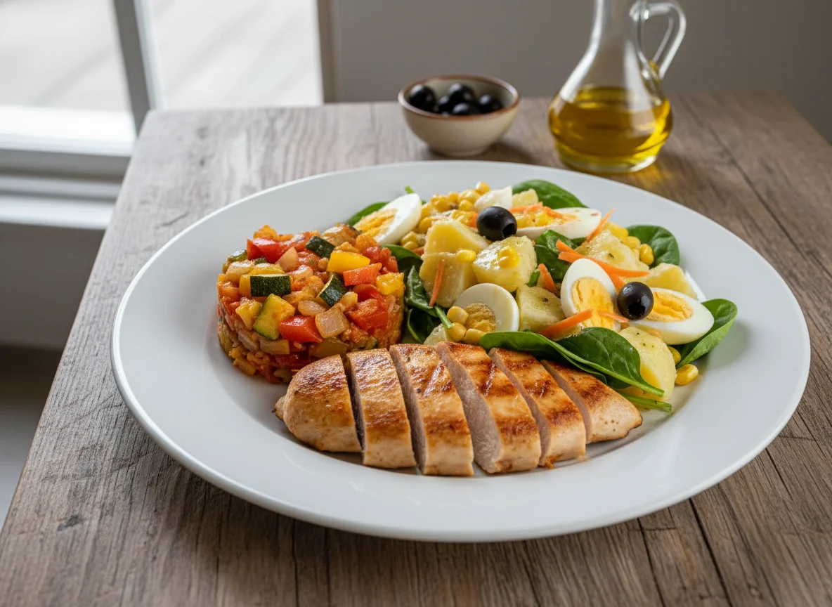 Pollo con pisto y ensalada de patata photo