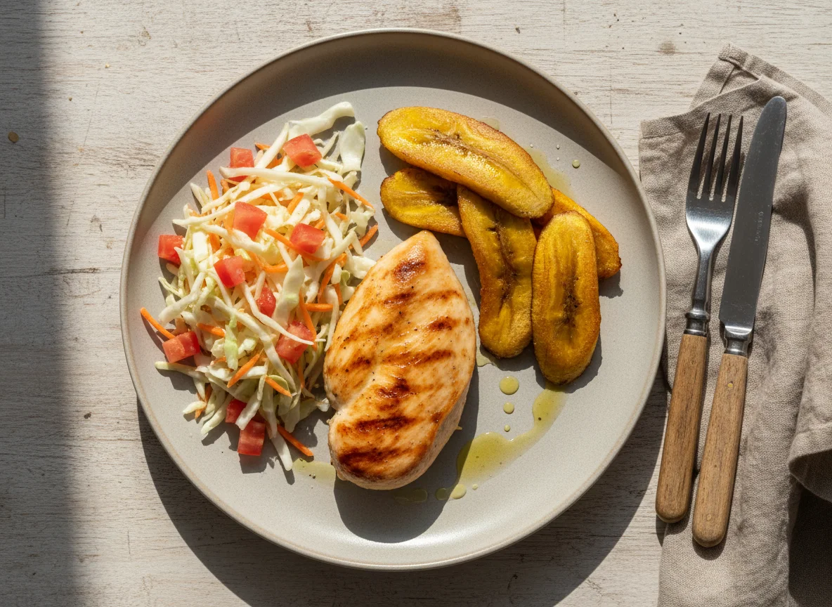 Pollo con plátano maduro y ensalada photo