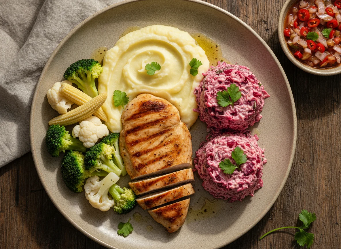 Pollo con puré de papa, vegetales y ensalada de remolacha photo