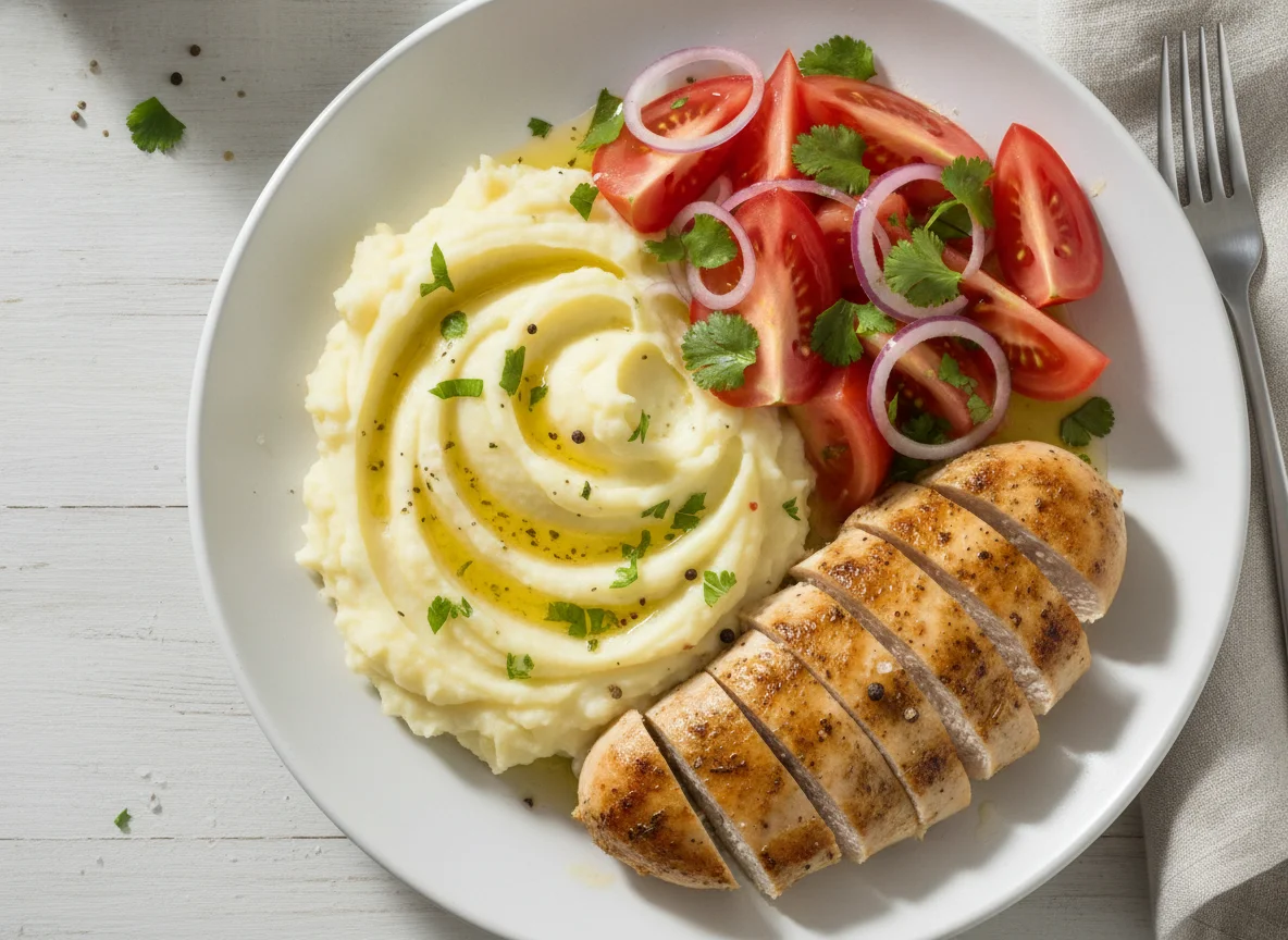 Pollo con puré de papas y ensalada de tomate photo