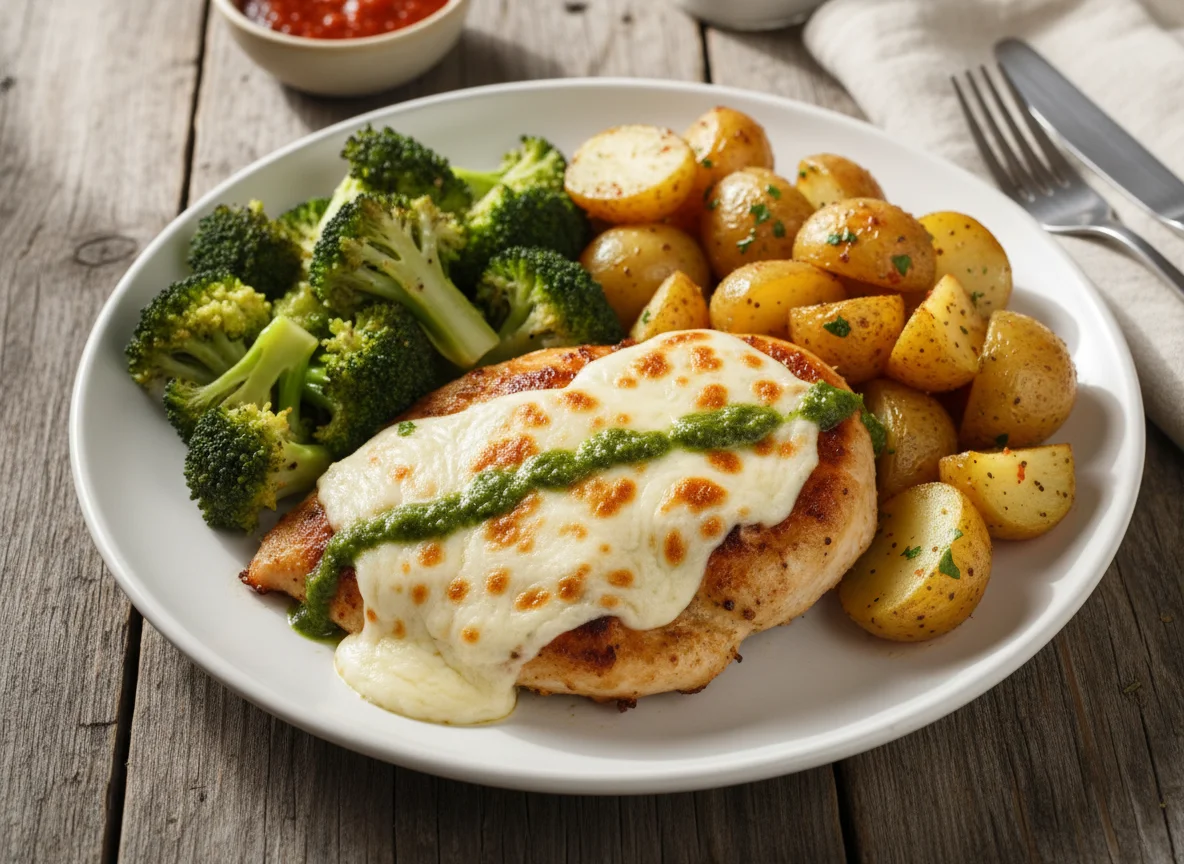 Pollo con queso, brócoli y patatas cocidas photo