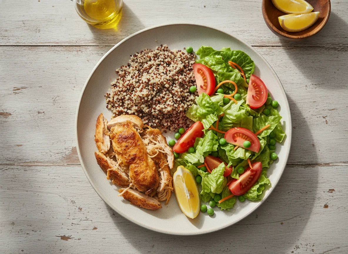 Pollo con quinoa y ensalada de lechuga photo