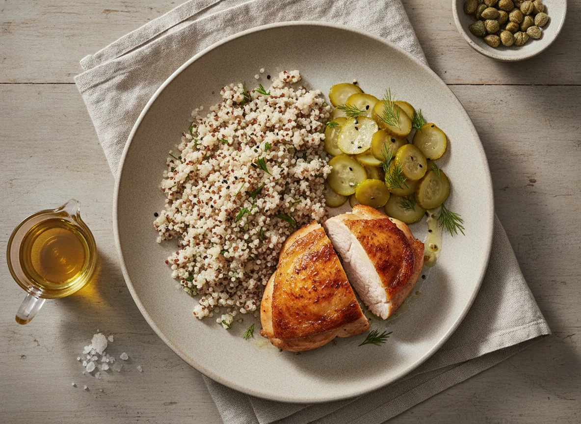 Pollo con quinoa y pepinillos photo