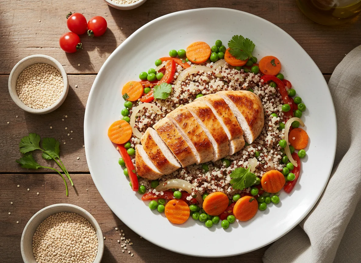 Pollo con quinoa y vegetales salteados photo