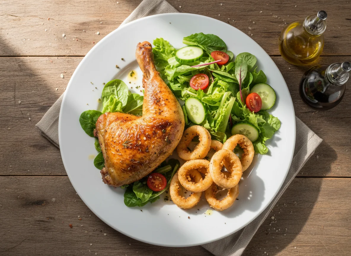 Pollo con rabas y ensalada photo