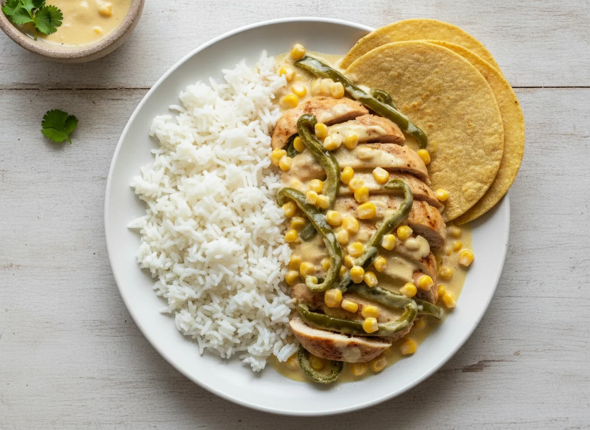 Pollo con rajas y arroz blanco photo