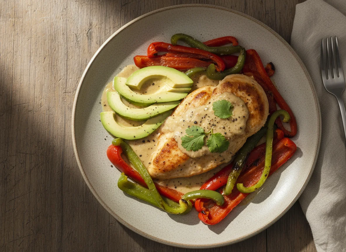 Pollo con salsa, aguacate y pimientos asados photo