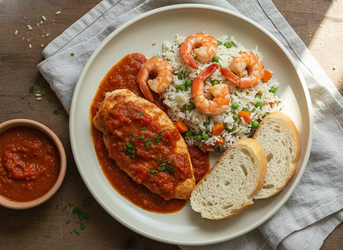 Pollo con salsa, arroz y pan photo