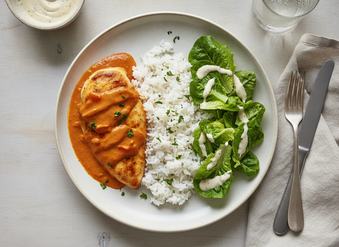 Pollo con salsa cremosa, arroz y ensalada photo