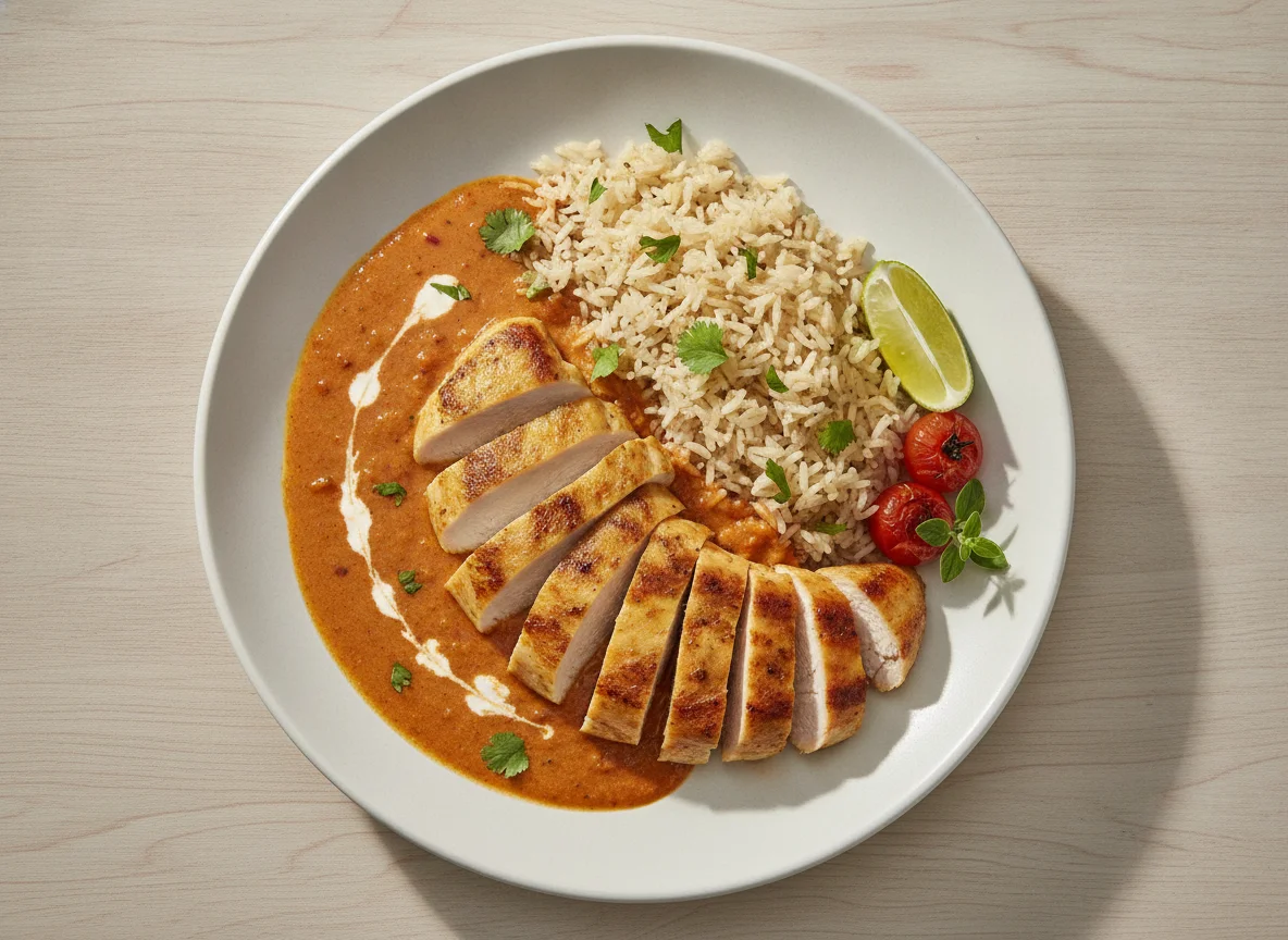 Pollo con salsa cremosa y arroz basmati photo