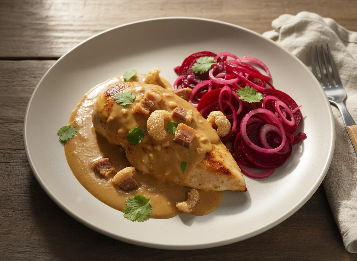 Pollo con salsa de maní, chicharrón y ensalada de remolacha photo