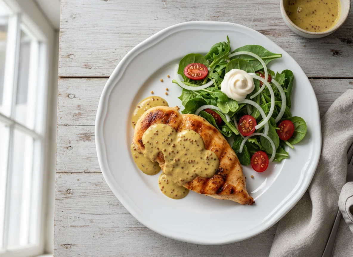 Pollo con salsa de mostaza y ensalada photo