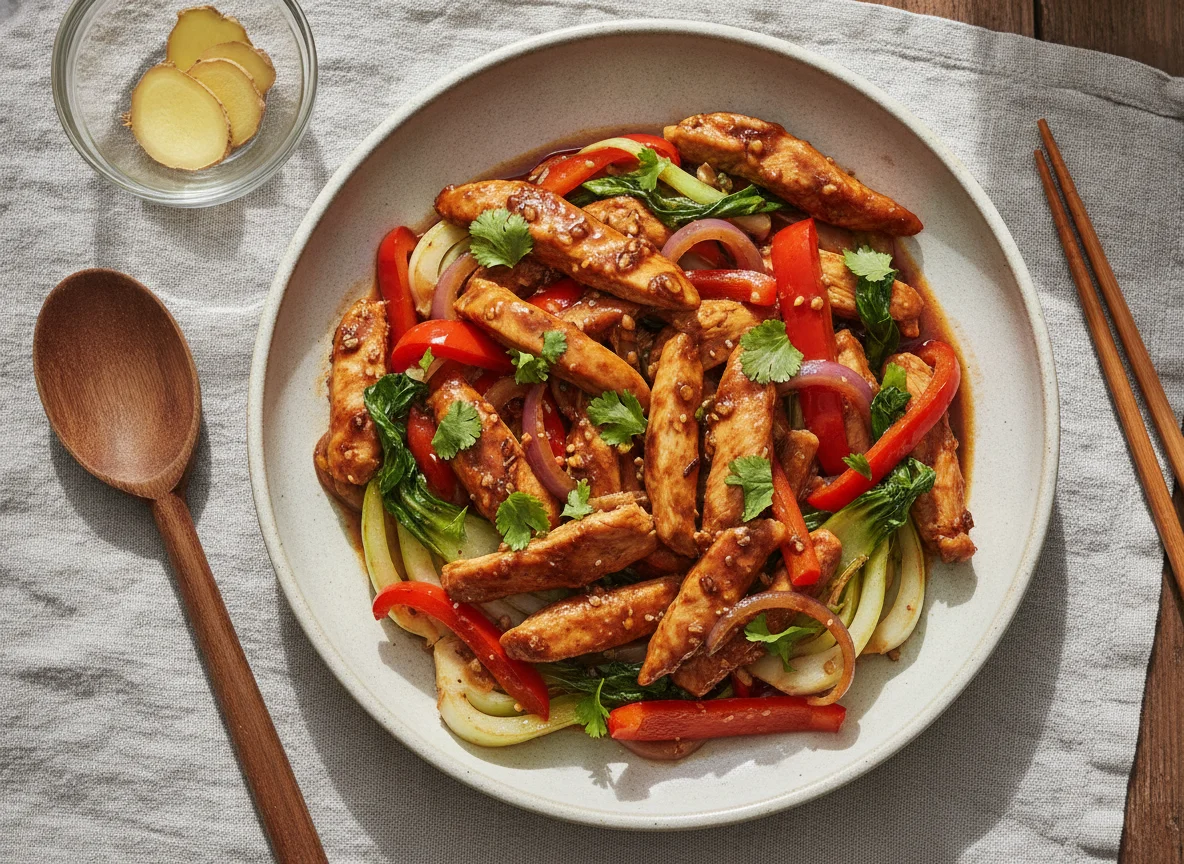 Pollo con salsa de soya y verduras photo