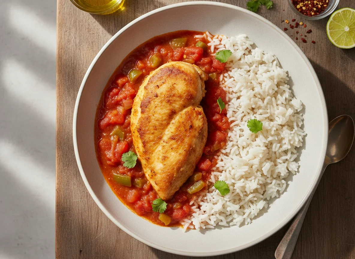 Pollo con salsa de tomate y arroz blanco photo