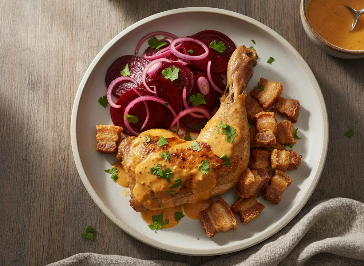 Pollo con salsa, ensalada de remolacha y chicharrón photo