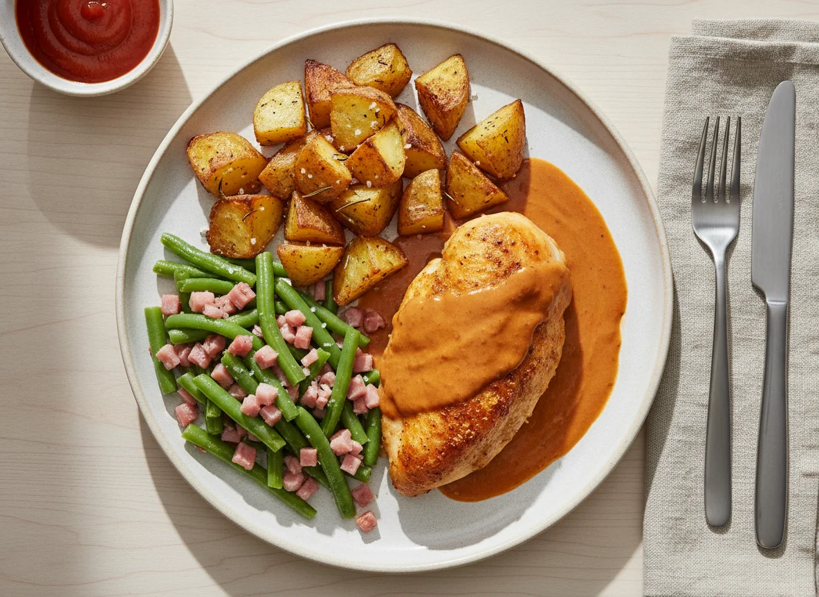 Pollo con salsa, papas rústicas y porotos verdes con jamón photo